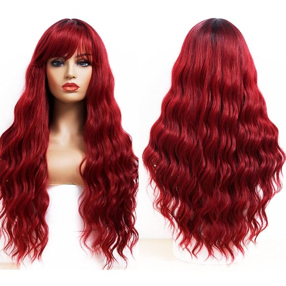 Andria Other - ANDRIA Women's 26" Wavy Wig w/Bangs Synthetic Heat Resist Ombre Burgundy Red NWT
